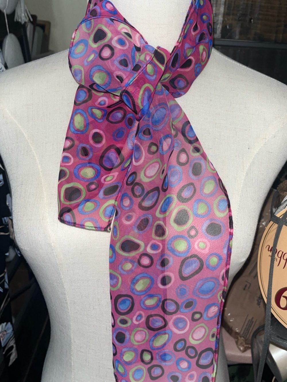 Vintage (1980s) Whirlaway Frocks Pink Multi-Color Circular Print Scarf